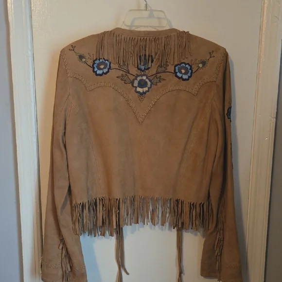 Double D Ranch Beige Leather Jacket with Blue Floral Details - Picture 2 of 16